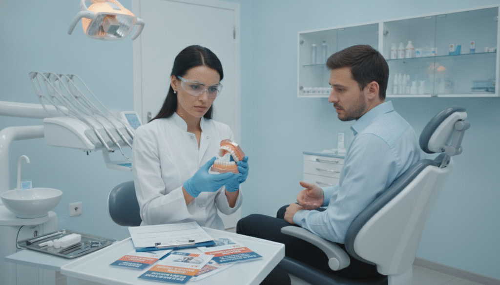 A clean and modern dental office setting, focusing on a dental professional and a patient seated in a dental chair. The foreground features a professional-looking dentist, wearing a white coat and gloves, examining a dental implant model with a look of seriousness and concern. In the middle ground, dental charts and insurance pamphlets are visible on a nearby table, emphasizing the discussion around insurance coverage limitations. The background contains bright, sterile-looking equipment and dental tools, with soft, diffused lighting to create a calm atmosphere. The angle is slightly above eye level, capturing the interaction between the dentist and the patient, highlighting the complexity of dental insurance options. The mood is informative and professional, suitable for an educational context. A clean and modern dental office setting, focusing on a dental professional and a patient seated in a dental chair. The foreground features a professional-looking dentist, wearing a white coat and gloves, examining a dental implant model with a look of seriousness and concern. In the middle ground, dental charts and insurance pamphlets are visible on a nearby table, emphasizing the discussion around insurance coverage limitations. The background contains bright, sterile-looking equipment and dental tools, with soft, diffused lighting to create a calm atmosphere. The angle is slightly above eye level, capturing the interaction between the dentist and the patient, highlighting the complexity of dental insurance options. The mood is informative and professional, suitable for an educational context.