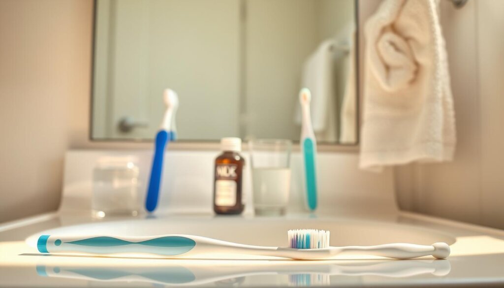 A clean, bright bathroom interior with a vanity sink and mirror. In the foreground, a toothbrush, dental floss, and interdental brushes are neatly arranged. Behind them, a jar of toothpaste and a small electric toothbrush are visible. The middle ground features a glass of water and a small bottle of mouthwash. In the background, a towel rack holds a fresh, white towel. The lighting is warm and natural, creating a soothing, hygienic atmosphere. The composition emphasizes the essential tools for maintaining healthy teeth and gums, conveying a sense of dental hygiene and prevention of plaque and tartar buildup.