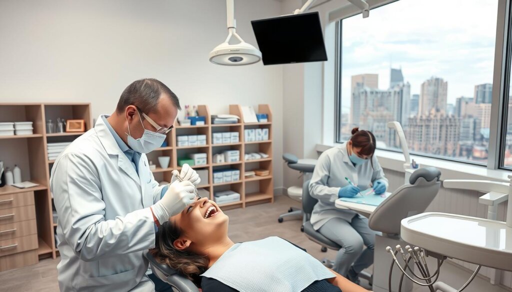 A clean, well-lit dental clinic interior with modern equipment and furnishings. In the foreground, a dentist in a white coat and gloves examines a patient's teeth, using dental tools and a bright overhead light. In the middle ground, a dental hygienist cleans a patient's teeth, and a dental assistant prepares instruments. In the background, shelves of dental supplies and a large window overlooking a city skyline. The scene conveys a sense of professionalism, expertise, and state-of-the-art care.