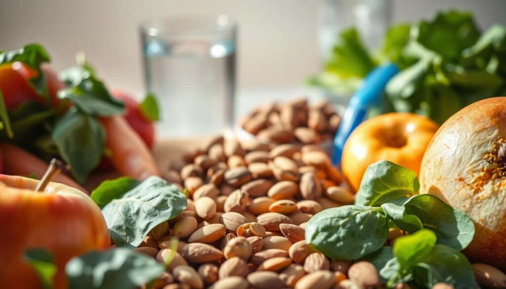 A close-up composition showcasing an assortment of foods that impact dental health. In the foreground, juicy, crunchy apples, crisp carrots, and leafy spinach leaves are prominently displayed. In the middle ground, a selection of nuts and seeds, such as almonds and sunflower seeds, are scattered. In the background, a glass of water and a toothbrush stand as reminders of the importance of hydration and oral hygiene. The lighting is soft and natural, casting warm shadows that highlight the textures and colors of the ingredients. The overall mood is one of health, balance, and awareness of the connection between diet and dental wellness.