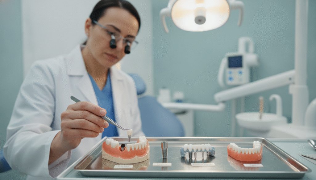 A close-up image of a dental clinic setting showcasing various tooth replacement options. In the foreground, display a detailed anatomical model of a human jaw with a missing tooth and different replacement solutions: dental implants, bridges, and removable dentures arranged neatly beside it. The middle ground should feature a professional dentist in a white coat, examining the model, focusing intently on the dental solutions. Include dental tools and a bright light overhead to enhance the clinical atmosphere. In the background, show a softly blurred view of dental equipment and a soothing blue-green color scheme to evoke a calm, reassuring mood. The lighting is bright and evenly distributed, creating a clean and professional environment without any text or distractions. A close-up image of a dental clinic setting showcasing various tooth replacement options. In the foreground, display a detailed anatomical model of a human jaw with a missing tooth and different replacement solutions: dental implants, bridges, and removable dentures arranged neatly beside it. The middle ground should feature a professional dentist in a white coat, examining the model, focusing intently on the dental solutions. Include dental tools and a bright light overhead to enhance the clinical atmosphere. In the background, show a softly blurred view of dental equipment and a soothing blue-green color scheme to evoke a calm, reassuring mood. The lighting is bright and evenly distributed, creating a clean and professional environment without any text or distractions.