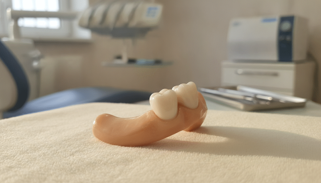 A close-up image of a realistic denture designed specifically for one missing tooth, placed elegantly on a soft, neutral-toned surface to enhance its details. The denture should be shown from a slight angle to emphasize its natural shape and texture, showcasing the craftsmanship of the dental prosthetic. Soft, diffused lighting illuminates the denture, casting gentle shadows that highlight its contours and materials, conveying a lifelike appearance. In the background, a blurred dentist's office setting hints at professionalism, with dental tools subtly visible, reinforcing the medical context. The overall mood is informative and reassuring, promoting a sense of trust in modern dental solutions. A close-up image of a realistic denture designed specifically for one missing tooth, placed elegantly on a soft, neutral-toned surface to enhance its details. The denture should be shown from a slight angle to emphasize its natural shape and texture, showcasing the craftsmanship of the dental prosthetic. Soft, diffused lighting illuminates the denture, casting gentle shadows that highlight its contours and materials, conveying a lifelike appearance. In the background, a blurred dentist's office setting hints at professionalism, with dental tools subtly visible, reinforcing the medical context. The overall mood is informative and reassuring, promoting a sense of trust in modern dental solutions.