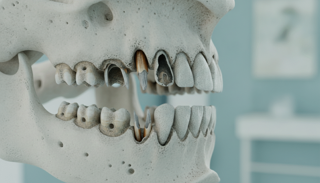 A close-up imagery of a human jawbone showcasing pronounced tooth loss on the left side, with a focus on the visible deterioration of the surrounding jawbone. The foreground features detailed textures of the exposed roots and empty sockets where teeth should be, emphasizing the impact of tooth loss. In the middle ground, subtle shading highlights the areas of bone density loss, reflecting a clinical yet informative atmosphere. The background is softly blurred, suggesting a dental clinic environment, bathed in soft, diffused lighting to create an educational and empathetic mood. The angle should be slightly tilted to capture the depth of the jawbone structure, avoiding any human presence to maintain focus on the anatomy. A close-up imagery of a human jawbone showcasing pronounced tooth loss on the left side, with a focus on the visible deterioration of the surrounding jawbone. The foreground features detailed textures of the exposed roots and empty sockets where teeth should be, emphasizing the impact of tooth loss. In the middle ground, subtle shading highlights the areas of bone density loss, reflecting a clinical yet informative atmosphere. The background is softly blurred, suggesting a dental clinic environment, bathed in soft, diffused lighting to create an educational and empathetic mood. The angle should be slightly tilted to capture the depth of the jawbone structure, avoiding any human presence to maintain focus on the anatomy.