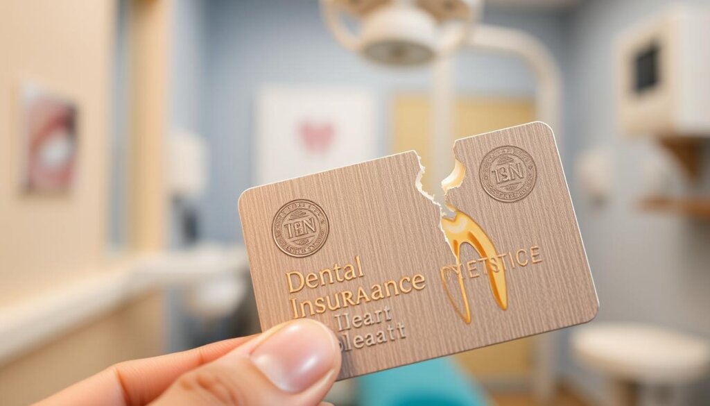 A close-up of a dental insurance card against a blurred background showcasing a broken tooth. The card is held in the foreground, its surface reflecting the warm lighting and capturing the intricate details of the embossed text and logos. Behind it, a partially obscured dental clinic interior is visible, suggesting the context of dental procedures and treatments. The composition is balanced, with the insurance card as the central focus, drawing the viewer's attention to the importance of dental coverage for broken tooth repair.