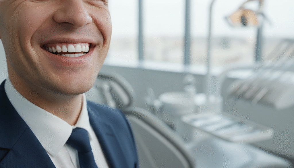 A close-up of a smiling person in professional business attire, showcasing a vibrant, healthy smile with a recently replaced tooth that stands out. The individual appears relieved and confident, radiating warmth and positivity. In the foreground, focus on the mouth while slightly blurring the background to emphasize the smile. Set the scene in a modern dental office with soft, natural lighting that highlights the person’s features. The mid-ground features dental tools and a comfortable dental chair, suggesting a welcoming atmosphere. Capture the moment with a slight upward angle, conveying optimism and the benefits of dental restoration. The overall mood is encouraging and uplifting, inspiring hope for those facing similar dental challenges. A close-up of a smiling person in professional business attire, showcasing a vibrant, healthy smile with a recently replaced tooth that stands out. The individual appears relieved and confident, radiating warmth and positivity. In the foreground, focus on the mouth while slightly blurring the background to emphasize the smile. Set the scene in a modern dental office with soft, natural lighting that highlights the person’s features. The mid-ground features dental tools and a comfortable dental chair, suggesting a welcoming atmosphere. Capture the moment with a slight upward angle, conveying optimism and the benefits of dental restoration. The overall mood is encouraging and uplifting, inspiring hope for those facing similar dental challenges.