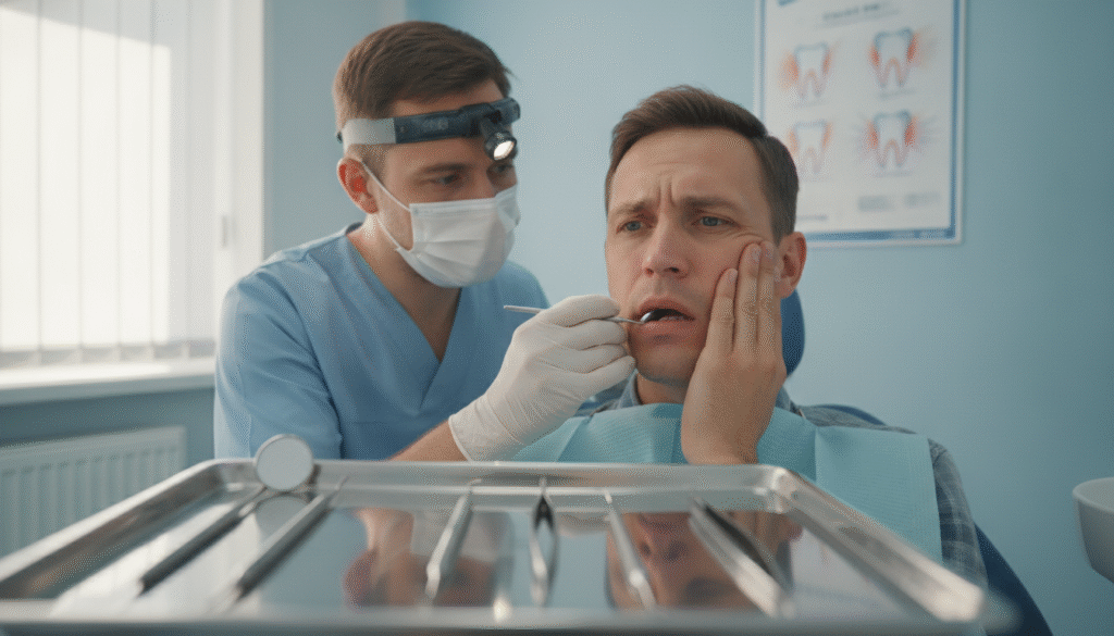 A close-up of a worried person in a dentist's chair, showcasing a concerned expression while holding their cheek, indicating tooth pain. The foreground features dental tools, like a mirror and explorer, arranged neatly on a tray, hinting at a dental examination. In the middle, a dentist, dressed in professional scrubs and wearing a mask, leans in to examine the patient’s teeth with a focused expression, conveying care. The background consists of a softly lit dental office, with calming blue and white colors, and a chart on the wall illustrating different types of tooth pain. Natural light streams in from a window, creating a tranquil yet serious atmosphere, suggestive of a critical moment in understanding toothaches. A close-up of a worried person in a dentist's chair, showcasing a concerned expression while holding their cheek, indicating tooth pain. The foreground features dental tools, like a mirror and explorer, arranged neatly on a tray, hinting at a dental examination. In the middle, a dentist, dressed in professional scrubs and wearing a mask, leans in to examine the patient’s teeth with a focused expression, conveying care. The background consists of a softly lit dental office, with calming blue and white colors, and a chart on the wall illustrating different types of tooth pain. Natural light streams in from a window, creating a tranquil yet serious atmosphere, suggestive of a critical moment in understanding toothaches.