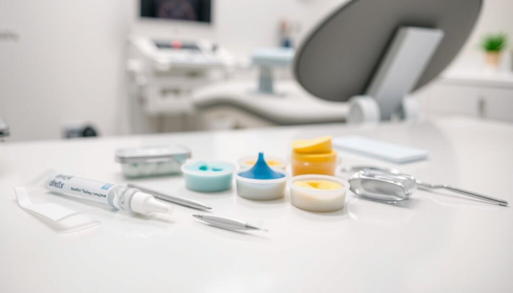 A close-up of various temporary dental repair materials laid out on a clean, well-lit surface. In the foreground, a clear acrylic dental filling compound, a small tube of dental adhesive, and a set of dental tools, including a small spatula and a pair of tweezers. In the middle ground, several shades of dental wax, packaged in small tubs, along with a dental mirror. In the background, a blurred image of a dental chair and other medical equipment, conveying a clinical, professional atmosphere. The lighting is bright and even, creating a sense of clarity and attention to detail, as if preparing for a delicate dental procedure.