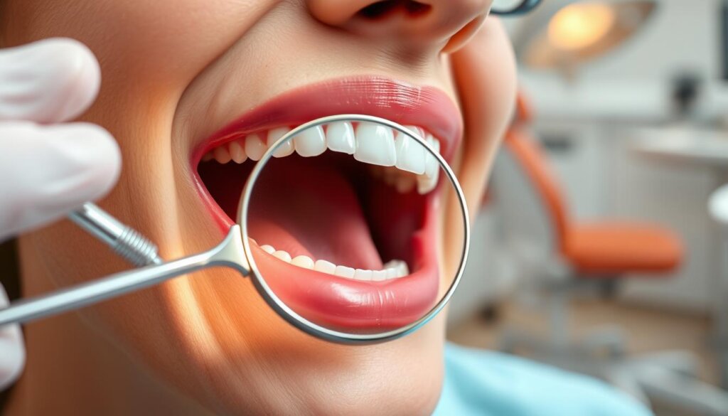 A close-up shot of a dentist's hand holding a dental mirror, gently examining a patient's teeth. The mouth is open, revealing clean, healthy-looking gums and teeth. In the background, a dental chair and equipment suggest a well-equipped, modern dental office. Soft, diffused lighting creates a calming, professional atmosphere. The scene conveys the importance of regular dental cleanings and check-ups for maintaining optimal oral health.