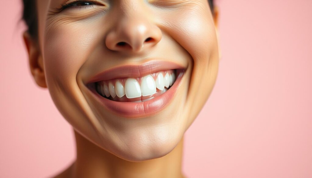 A close-up shot of a friendly, warm smile showcasing healthy, well-aligned teeth against a blurred, pastel-colored background. The lighting is soft and diffused, accentuating the natural texture and luminosity of the skin. The angle is slightly angled upwards, conveying a sense of positivity and confidence. The expression exudes a sense of approachability and aesthetic appeal, highlighting the importance of dental care in maintaining a visually pleasing smile.