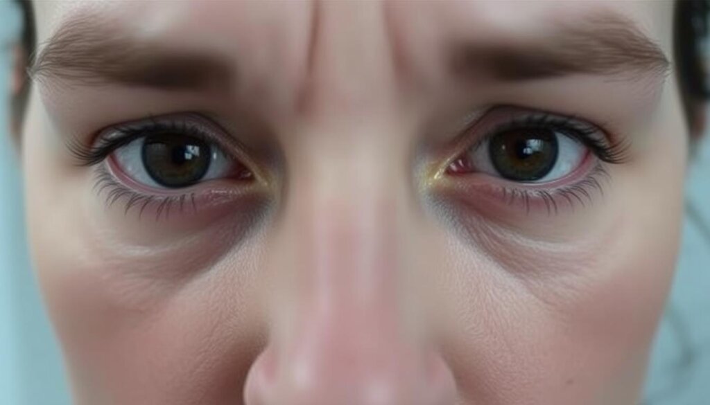 A close-up shot of a person's face, with the focus on their eyes and the area around them. The skin under the eyes appears puffy and swollen, with dark circles visible. The lighting is soft and diffuse, creating a calming and introspective mood. The background is slightly blurred, keeping the attention on the eyes. The composition is balanced and symmetrical, emphasizing the central role of the eyes in the image. The overall atmosphere conveys a sense of concern and a desire to address the issue of puffy eyes.