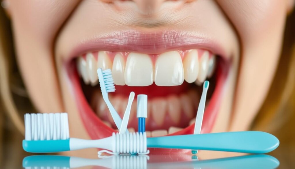 A close-up shot of a person's mouth, showcasing healthy teeth and gums. The lighting is soft and warm, highlighting the intricate details of the dental structure. In the middle ground, a collection of dental hygiene tools, such as a toothbrush, floss, and toothpaste, are neatly arranged, emphasizing their importance. The background is blurred, creating a sense of focus on the central subject. The overall tone is educational and informative, conveying the significance of maintaining proper dental hygiene for optimal oral health.