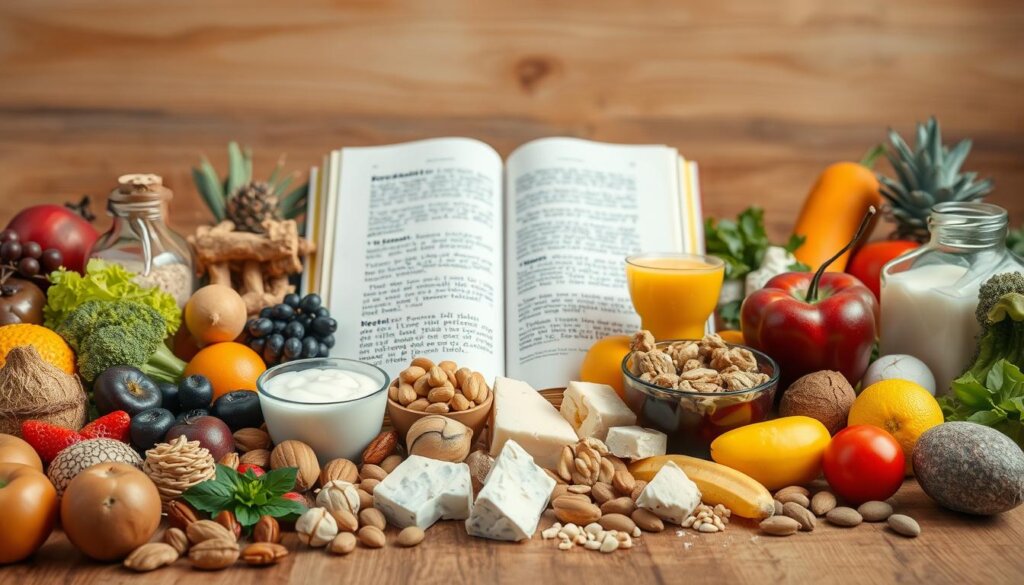 A close-up shot of a selection of diverse, nutrient-rich foods arranged on a wooden table, creating a visually appealing and informative display. The foreground showcases a variety of fruits, vegetables, nuts, and dairy products, each item clearly visible and highlighting their individual textures, colors, and shapes. The middle ground features a large, open book with pages turned to reveal information about the importance of a balanced diet and its impact on bone health. The background is softly lit, creating a warm, inviting atmosphere that encourages the viewer to explore the nutritional benefits of these natural, whole-food ingredients. The overall composition conveys the message that a healthy lifestyle, including a nutrient-dense diet, is crucial for maintaining strong, resilient bones.
