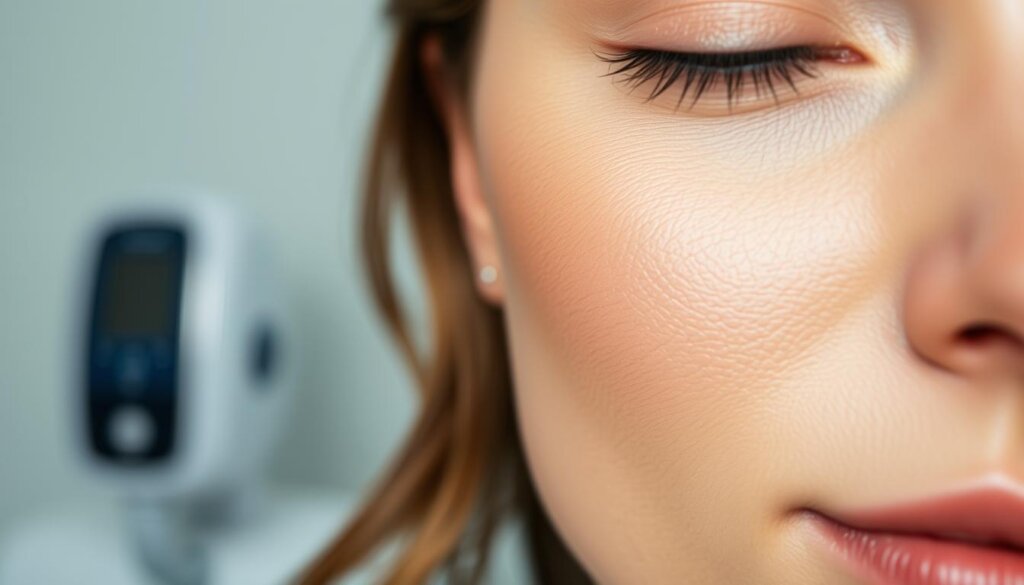 A close-up shot of a woman's face, her skin smooth and luminous, with a slight crease near her eye. The lighting is soft and natural, accentuating the texture and elasticity of her skin. In the background, a faint blurred outline of a medical device, suggesting the use of Ultherapy technology. The overall atmosphere is serene and inviting, conveying the effectiveness and transformative nature of the Ultherapy procedure.