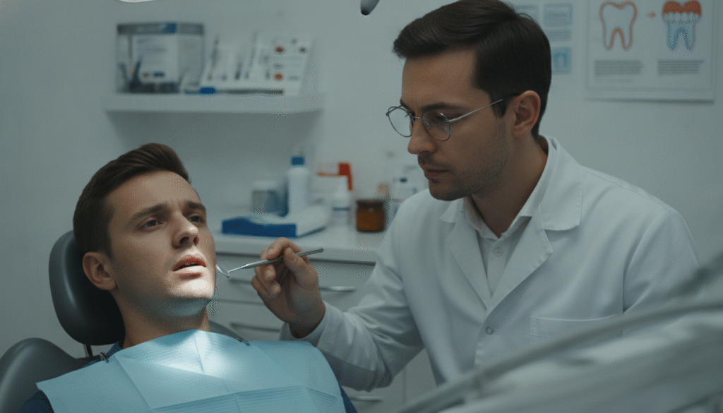 A close-up view of a concerned patient sitting in a dental chair, wearing a professional blue dental bib and a look of discomfort on their face, with a dentist in the background peering thoughtfully at the patient. The dentist, in a white coat and wearing glasses, is holding a dental tool, casting focused light over the patient's face. The background shows shelves lined with dental equipment and educational posters about dental care. Soft, clinical lighting casts gentle shadows, creating a mood of serious contemplation and concern. The angle is slightly overhead to capture both the patient's expression and the dentist's focused demeanor, emphasizing the urgency and complexity of dental pain management. A close-up view of a concerned patient sitting in a dental chair, wearing a professional blue dental bib and a look of discomfort on their face, with a dentist in the background peering thoughtfully at the patient. The dentist, in a white coat and wearing glasses, is holding a dental tool, casting focused light over the patient's face. The background shows shelves lined with dental equipment and educational posters about dental care. Soft, clinical lighting casts gentle shadows, creating a mood of serious contemplation and concern. The angle is slightly overhead to capture both the patient's expression and the dentist's focused demeanor, emphasizing the urgency and complexity of dental pain management.