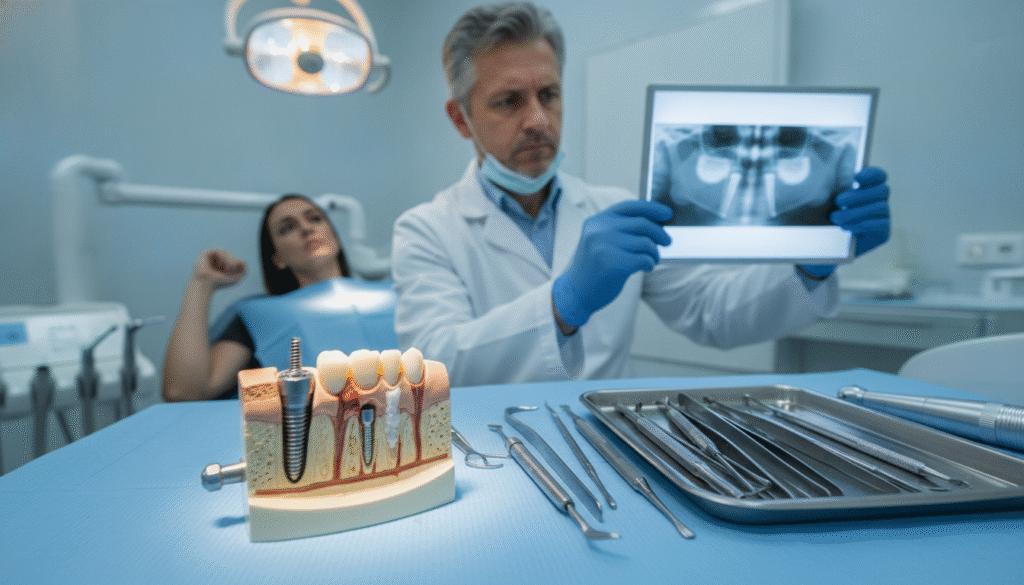A close-up view of a dental implant procedure, highlighting potential complications. In the foreground, a dental implant model rests on a sterile blue surgical drape. The middle area features a dentist, a middle-aged professional in a white lab coat and gloves, examining an X-ray on a lightbox, looking concerned. Various dental tools are neatly arranged nearby, reflecting a clinical environment. The background shows a soft-focus dental surgery room, illuminated by bright, sterile overhead lights, creating a clinical atmosphere. An anxious patient is seated in a dental chair, partially visible. The overall mood conveys a sense of professionalism, caution, and the complexities associated with dental implants, emphasizing the importance of understanding potential risks. A close-up view of a dental implant procedure, highlighting potential complications. In the foreground, a dental implant model rests on a sterile blue surgical drape. The middle area features a dentist, a middle-aged professional in a white lab coat and gloves, examining an X-ray on a lightbox, looking concerned. Various dental tools are neatly arranged nearby, reflecting a clinical environment. The background shows a soft-focus dental surgery room, illuminated by bright, sterile overhead lights, creating a clinical atmosphere. An anxious patient is seated in a dental chair, partially visible. The overall mood conveys a sense of professionalism, caution, and the complexities associated with dental implants, emphasizing the importance of understanding potential risks.