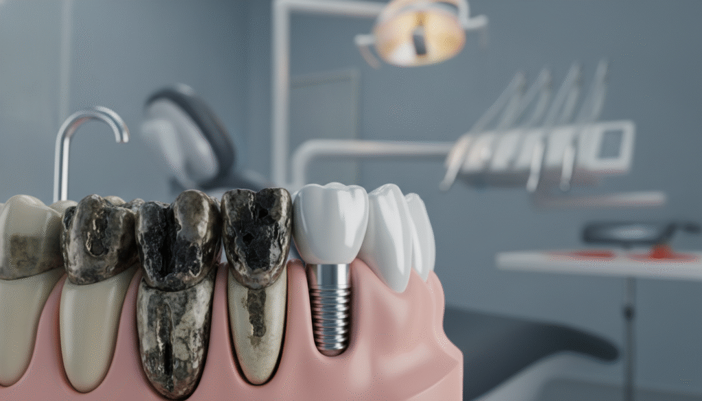 A close-up view of a dental model highlighting the impact of cavities on natural teeth versus the pristine condition of dental implants. In the foreground, detail the damaged areas of teeth with visible cavities, showcasing dark spots and decay. The middle ground features a healthy dental implant, shining and intact, set against a soft-focus background of a modern dental office, complete with tools and equipment. Use bright, clinical lighting to emphasize cleanliness and contrast between the affected teeth and the implant. Capture a professional atmosphere, suggesting an educational moment about dental health and the importance of caring for both natural teeth and implants. The image should be clear, focused, and devoid of any text or markings. A close-up view of a dental model highlighting the impact of cavities on natural teeth versus the pristine condition of dental implants. In the foreground, detail the damaged areas of teeth with visible cavities, showcasing dark spots and decay. The middle ground features a healthy dental implant, shining and intact, set against a soft-focus background of a modern dental office, complete with tools and equipment. Use bright, clinical lighting to emphasize cleanliness and contrast between the affected teeth and the implant. Capture a professional atmosphere, suggesting an educational moment about dental health and the importance of caring for both natural teeth and implants. The image should be clear, focused, and devoid of any text or markings.