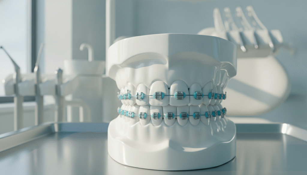 A close-up view of a dental model showcasing perfectly aligned teeth with a noticeable gap between the front teeth. The braces should be prominently displayed, emphasizing their role in transforming the alignment. In the foreground, the dental model is well-lit, highlighting the glossy finish and the precise details of the braces. The middle ground features a soft-focus background of a dental clinic, with instruments and a dental chair subtly rendered to create a professional atmosphere. Natural daylight comes from a nearby window, casting gentle shadows that add depth to the scene. The overall mood should convey a sense of hope and positivity regarding orthodontic treatment. A close-up view of a dental model showcasing perfectly aligned teeth with a noticeable gap between the front teeth. The braces should be prominently displayed, emphasizing their role in transforming the alignment. In the foreground, the dental model is well-lit, highlighting the glossy finish and the precise details of the braces. The middle ground features a soft-focus background of a dental clinic, with instruments and a dental chair subtly rendered to create a professional atmosphere. Natural daylight comes from a nearby window, casting gentle shadows that add depth to the scene. The overall mood should convey a sense of hope and positivity regarding orthodontic treatment.