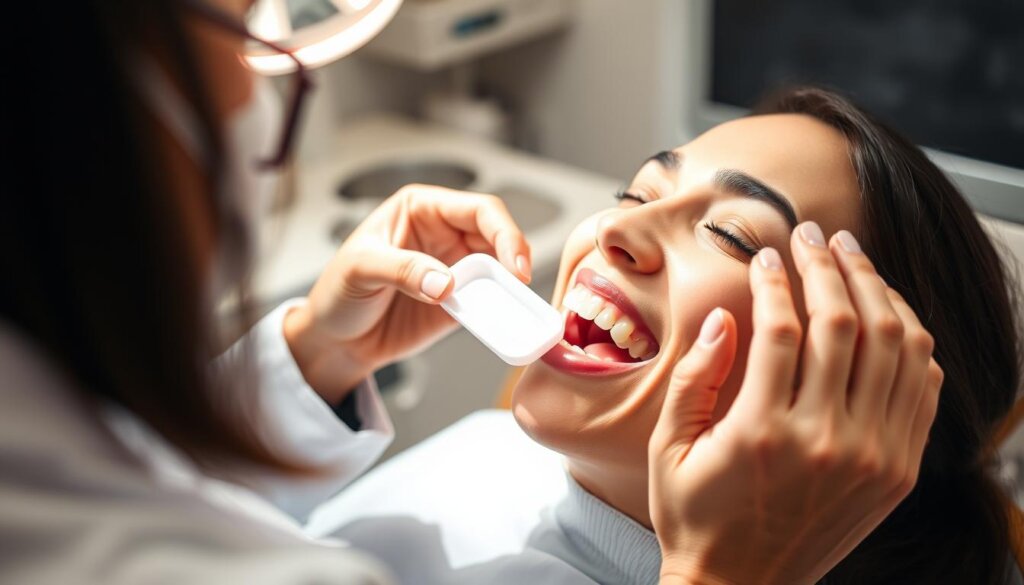 A close-up view of a dental office setting, with a dentist's chair in the foreground and a patient undergoing a teeth whitening treatment. The dentist is wearing a white coat and holding a specialized whitening tray, carefully applying the whitening gel to the patient's teeth. The patient's mouth is slightly open, revealing the whitening process in progress. The lighting is bright and focused, creating a clean, clinical atmosphere. The background features modern dental equipment and tools, suggesting a state-of-the-art facility. The overall scene conveys the professionalism and expertise involved in a comprehensive dental whitening treatment.