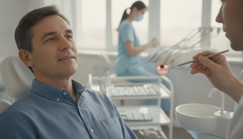 A close-up view of a dental patient sitting in a well-lit dental office, showcasing a dentist examining multiple missing teeth in a row in the patient's mouth. The foreground features the patient's face with a concerned yet hopeful expression, professional and modestly dressed in a dental chair. The middle layer highlights dental tools and a dental mirror reflecting the missing teeth, emphasizing the need for treatment. In the background, the dental hygienist prepares instruments while soft, natural light streams through a window, creating an atmosphere of care and professionalism. The overall mood is serious but encouraging, illustrating the potential for recovery and dental implant solutions. A close-up view of a dental patient sitting in a well-lit dental office, showcasing a dentist examining multiple missing teeth in a row in the patient's mouth. The foreground features the patient's face with a concerned yet hopeful expression, professional and modestly dressed in a dental chair. The middle layer highlights dental tools and a dental mirror reflecting the missing teeth, emphasizing the need for treatment. In the background, the dental hygienist prepares instruments while soft, natural light streams through a window, creating an atmosphere of care and professionalism. The overall mood is serious but encouraging, illustrating the potential for recovery and dental implant solutions.