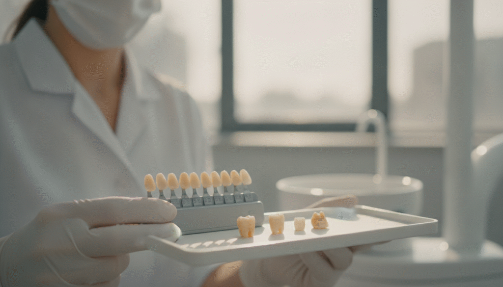 A close-up view of a dental professional examining a replacement tooth alongside natural teeth for color matching. In the foreground, a pair of hands wearing white gloves holds a shade guide with multiple tooth color samples, showcasing various shades of white and off-white. In the middle, a pristine white dental tray contains the replacement tooth and natural teeth side by side, highlighting their color differences. The background features a softly blurred dental clinic environment with bright, warm lighting that evokes a sense of cleanliness and professionalism. The image should convey a serious yet reassuring atmosphere, emphasizing the importance of achieving a natural appearance in dental work. A close-up view of a dental professional examining a replacement tooth alongside natural teeth for color matching. In the foreground, a pair of hands wearing white gloves holds a shade guide with multiple tooth color samples, showcasing various shades of white and off-white. In the middle, a pristine white dental tray contains the replacement tooth and natural teeth side by side, highlighting their color differences. The background features a softly blurred dental clinic environment with bright, warm lighting that evokes a sense of cleanliness and professionalism. The image should convey a serious yet reassuring atmosphere, emphasizing the importance of achieving a natural appearance in dental work.
