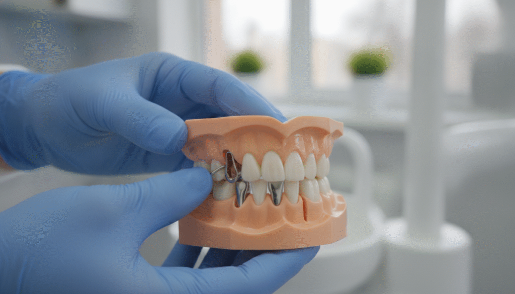 A close-up view of a dental professional’s hands carefully demonstrating the attachment of a partial denture to a human dental model. The foreground showcases the intricate details of the denture clasps fitting into place, highlighting the materials used, such as acrylic and metal. In the middle, the dental model features realistic gum and tooth structures, with a focus on stability and fit. The background is softly blurred, depicting a clean, well-lit dental office environment, enhancing the clinical atmosphere. Soft, natural daylight streams through a window, creating an inviting yet professional mood. The angle captures both the dexterity of the dental professional and the functional aspects of the partial denture, ensuring clarity and educational value. A close-up view of a dental professional’s hands carefully demonstrating the attachment of a partial denture to a human dental model. The foreground showcases the intricate details of the denture clasps fitting into place, highlighting the materials used, such as acrylic and metal. In the middle, the dental model features realistic gum and tooth structures, with a focus on stability and fit. The background is softly blurred, depicting a clean, well-lit dental office environment, enhancing the clinical atmosphere. Soft, natural daylight streams through a window, creating an inviting yet professional mood. The angle captures both the dexterity of the dental professional and the functional aspects of the partial denture, ensuring clarity and educational value.