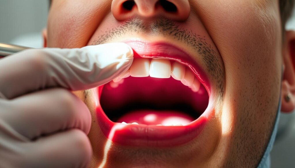A close-up view of a dentist's hand examining a patient's mouth during a routine dental cleaning. The dentist's gloved fingers gently palpate the soft tissues, inspecting for any suspicious lesions or abnormalities that could indicate the presence of oral cancer. The patient's open mouth is illuminated by a bright, focused light, casting sharp shadows and highlighting the intricate details of the oral cavity. The scene conveys a sense of clinical precision and attentiveness, with the dentist's expression reflecting a focused, professional demeanor. The background is blurred, keeping the attention on the dental examination at hand.
