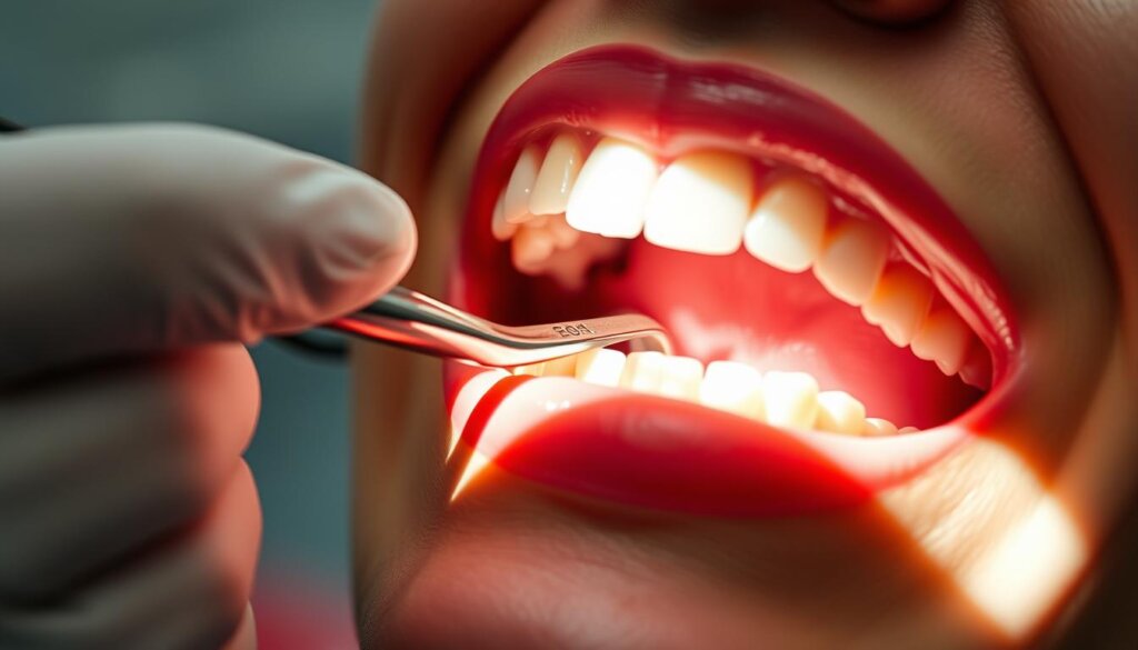 A close-up view of a dentist's hand performing a thorough dental cleaning procedure. The patient's mouth is open, revealing their teeth and gums. The dentist is using a dental scaler to gently remove plaque and tartar buildup from the tooth surfaces. The lighting is bright and focused, casting sharp shadows and highlighting the details of the cleaning process. The scene has a clinical, yet reassuring atmosphere, conveying the importance of regular dental cleanings for maintaining oral health.