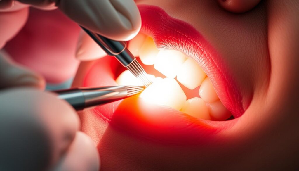 A close-up view of a dentist's hand using a dental scaler to carefully remove hardened tartar deposits from the surface of a patient's tooth. The tooth is illuminated by a bright, focused light, casting sharp shadows that highlight the texture and contours of the enamel. The dentist's movements are precise and deliberate, with a slight furrowing of the brow, conveying the meticulous attention required for this delicate procedure. The background is blurred, keeping the focus on the intricate, technical task at hand, underscoring the importance of maintaining oral health through professional tartar removal.