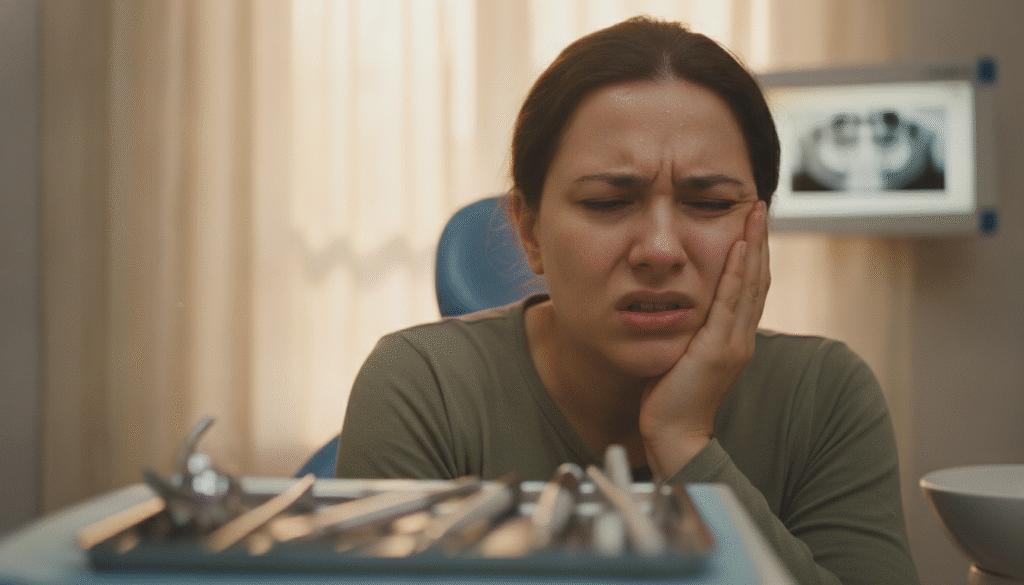 A close-up view of a distressed person holding their jaw, depicting intense dental pain. The individual, dressed in modest casual clothing, has a furrowed brow and squinting eyes, conveying discomfort. In the foreground, their hand is gently pressing against a pained cheek, indicating throbbing pain. The middle ground features a cluttered dental office with tools and a dental chair, subtly blurred to keep the focus on the subject. In the background, a soft, warm light illuminates the scene, creating a calm yet tense atmosphere that encapsulates the emotional weight of tooth pain. The overall composition conveys a sense of urgency and concern about oral health issues. A close-up view of a distressed person holding their jaw, depicting intense dental pain. The individual, dressed in modest casual clothing, has a furrowed brow and squinting eyes, conveying discomfort. In the foreground, their hand is gently pressing against a pained cheek, indicating throbbing pain. The middle ground features a cluttered dental office with tools and a dental chair, subtly blurred to keep the focus on the subject. In the background, a soft, warm light illuminates the scene, creating a calm yet tense atmosphere that encapsulates the emotional weight of tooth pain. The overall composition conveys a sense of urgency and concern about oral health issues.