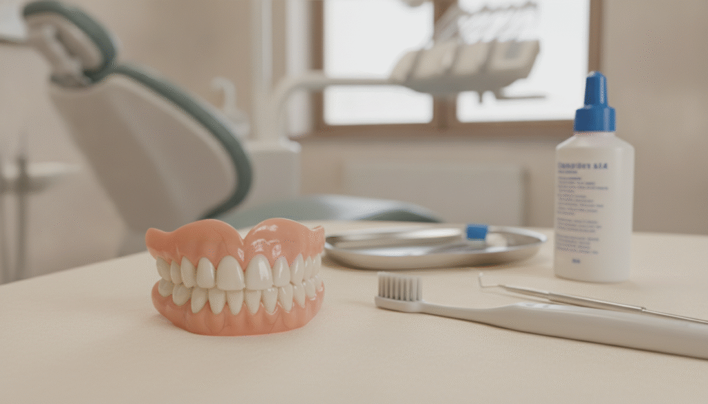 A close-up view of a flipper denture elegantly displayed on a soft, light-colored cloth, showcasing its realistic design and functionality. The foreground features the denture with intricate details, highlighting the glossy finish of the acrylic and the natural look of the artificial teeth. In the middle ground, there are tools for dental care, such as a toothbrush and denture cleaner, to emphasize cleanliness and maintenance. The background is softly blurred, revealing a serene dental clinic environment with gentle lighting that creates a calm and professional atmosphere. The image should evoke a sense of trust and reliability, suggesting the benefits of flipper dentures as a temporary dental solution. The camera angle is slightly tilted to provide a dynamic view without losing focus on the flipper denture. A close-up view of a flipper denture elegantly displayed on a soft, light-colored cloth, showcasing its realistic design and functionality. The foreground features the denture with intricate details, highlighting the glossy finish of the acrylic and the natural look of the artificial teeth. In the middle ground, there are tools for dental care, such as a toothbrush and denture cleaner, to emphasize cleanliness and maintenance. The background is softly blurred, revealing a serene dental clinic environment with gentle lighting that creates a calm and professional atmosphere. The image should evoke a sense of trust and reliability, suggesting the benefits of flipper dentures as a temporary dental solution. The camera angle is slightly tilted to provide a dynamic view without losing focus on the flipper denture.