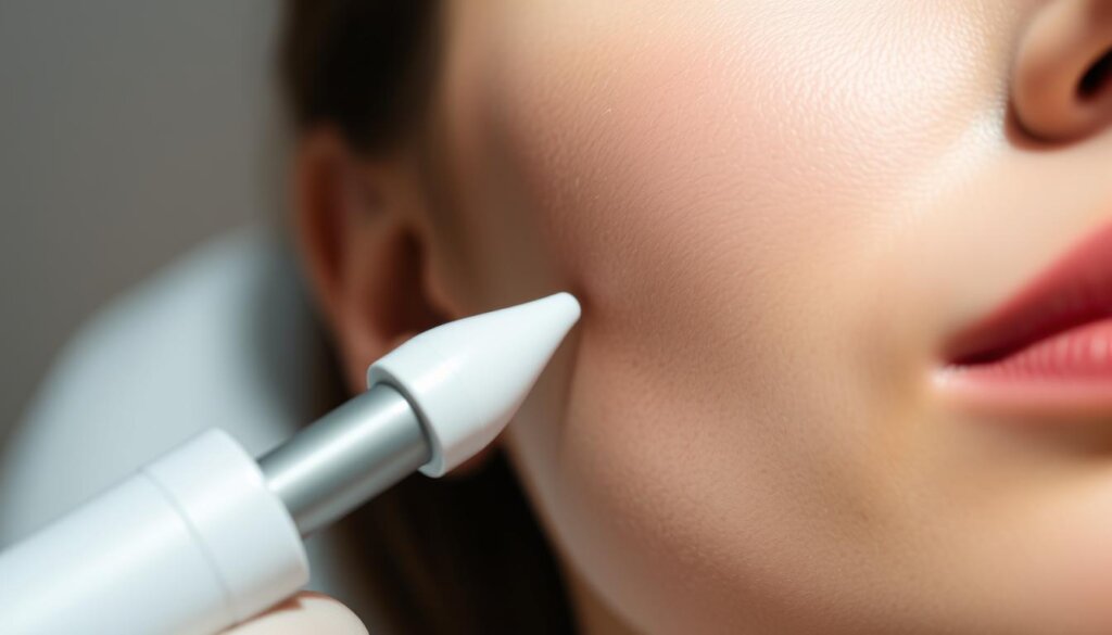 A close-up view of a human face undergoing a HIFU ultherapy procedure. The skin appears smooth and tightened, with a slight reddish hue from the ultrasound treatment. In the foreground, the probe of the HIFU device is visible, gently pressed against the cheek. The background is blurred, creating a sense of clinical focus on the treatment area. Soft, directional lighting casts subtle shadows, highlighting the contours of the face. The overall mood conveys a sense of non-invasive, rejuvenating skin tightening therapy.