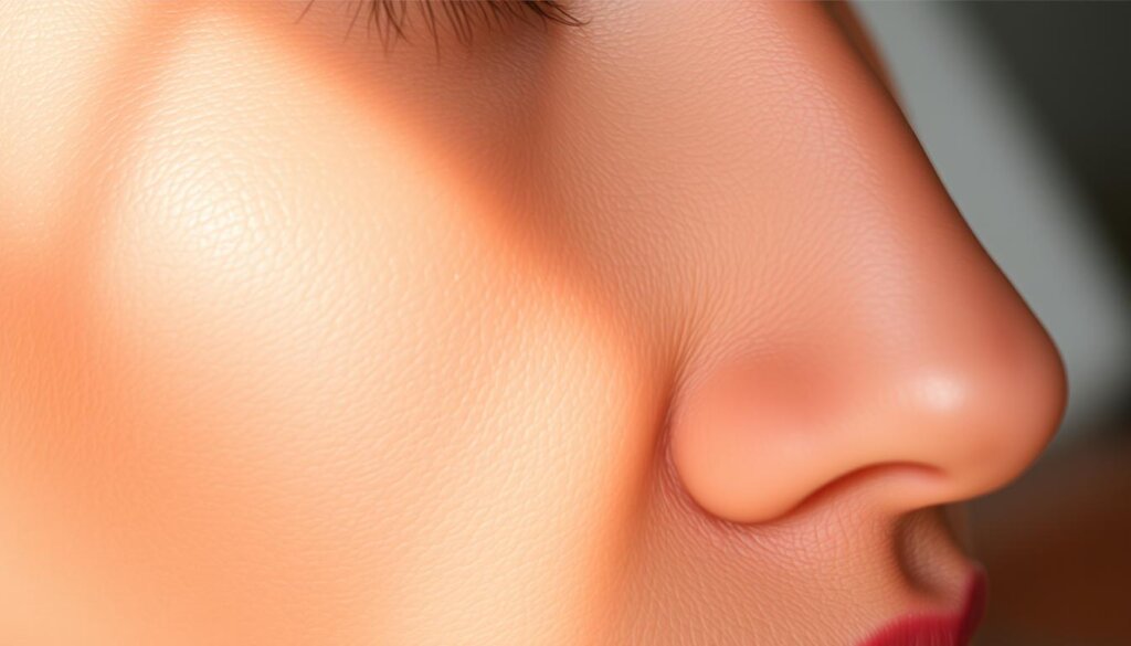 A close-up view of a human face with skin tones, showcasing a non-invasive skin tightening and lifting treatment known as Ultherapy. The skin appears smooth and youthful, with a subtle glow emanating from the center of the frame. The lighting is soft and diffused, creating a warm and serene atmosphere. The focus is sharp, highlighting the intricate details of the skin texture and facial features. The background is slightly blurred, creating a sense of depth and emphasizing the subject. The overall tone is one of rejuvenation and natural beauty, reflecting the essence of the Ultherapy procedure.