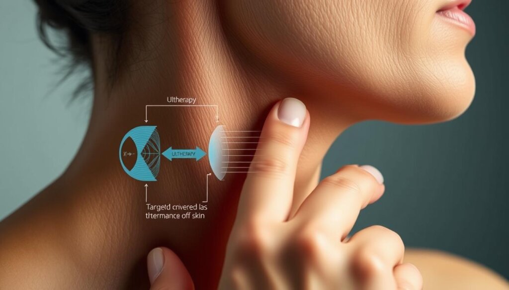 A close-up view of a human hand gently touching the skin on the neck, revealing the inner workings of the Ultherapy procedure. The skin is shown in vivid detail, with fine lines and wrinkles visible. In the background, a schematic diagram illustrates the science behind the ultrasound technology, depicting the targeted delivery of thermal energy to the deeper layers of the skin, stimulating collagen production for a lifted, more youthful appearance. The lighting is soft and diffused, creating a sense of clinical precision and medical authority. The angle is slightly angled to provide depth and perspective, showcasing the intricate relationship between the skin's surface and the underlying processes that Ultherapy harnesses.