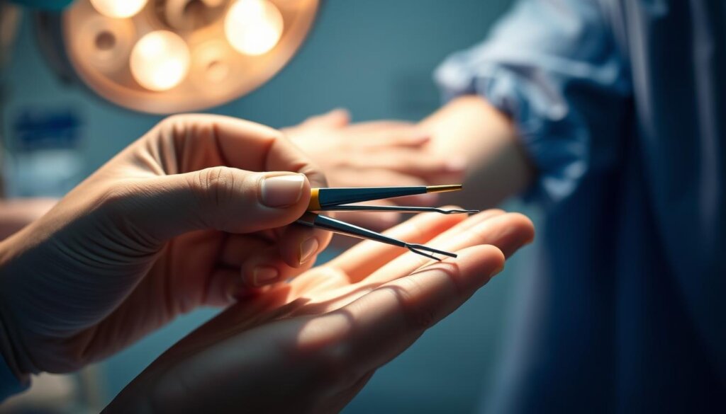A close-up view of a human hand holding surgical tools, with a disembodied arm in the background, showcasing the intricate process of bone grafting. The scene is illuminated by a warm, clinical light, casting subtle shadows and highlights on the tools and skin. The focus is sharp, emphasizing the delicate nature of the procedure, while the slightly blurred background creates a sense of depth and medical setting. The mood is one of precision and care, reflecting the risks and complications associated with this specialized surgical technique.