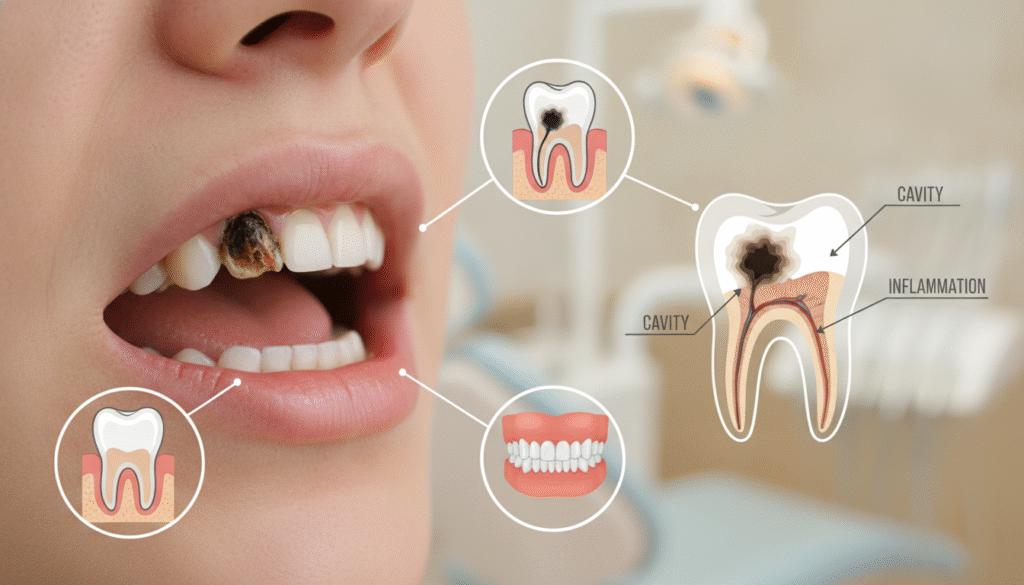 A close-up view of a human mouth showing a decayed tooth causing discomfort, surrounded by illustrations of common causes of toothache, such as cavities, gum disease, and teeth grinding. In the foreground, the mouth is partially open, highlighting the problematic tooth, with realistic details like enamel wear and dark spots. In the middle ground, a blurred diagram of the tooth structure, with annotations pointing to areas of concern, like decay and inflammation. The background features a soothing dental office setting, with soft, warm lighting creating a calm atmosphere, suggesting professionalism and care. The overall mood is focused and informative, inviting viewers to understand the complexities of toothache causes. The perspective is slightly angled for a dynamic look, with a shallow depth of field to emphasize the mouth and its dental issues. A close-up view of a human mouth showing a decayed tooth causing discomfort, surrounded by illustrations of common causes of toothache, such as cavities, gum disease, and teeth grinding. In the foreground, the mouth is partially open, highlighting the problematic tooth, with realistic details like enamel wear and dark spots. In the middle ground, a blurred diagram of the tooth structure, with annotations pointing to areas of concern, like decay and inflammation. The background features a soothing dental office setting, with soft, warm lighting creating a calm atmosphere, suggesting professionalism and care. The overall mood is focused and informative, inviting viewers to understand the complexities of toothache causes. The perspective is slightly angled for a dynamic look, with a shallow depth of field to emphasize the mouth and its dental issues.