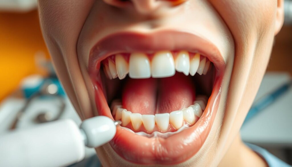 A close-up view of a human mouth with healthy teeth, gums, and tongue, showcased against a blurred background of dental tools and equipment. The scene is illuminated by warm, directional lighting, casting subtle shadows and highlights that accentuate the intricate details of the oral anatomy. The overall composition emphasizes the importance of fluoride in maintaining strong, cavity-resistant enamel and preventing gum disease, conveying a sense of dental care and oral health.