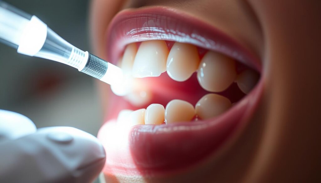 A close-up view of a human tooth undergoing a professional dental whitening procedure. The tooth is illuminated by a bright, focused light from a dental instrument, casting sharp shadows that accentuate the texture and structure of the enamel. The gums are gently retracted, revealing the whitening agent being applied to the tooth's surface. The scene is captured with a shallow depth of field, keeping the treatment area in sharp focus while the background is softly blurred. The lighting is crisp and clinical, evoking a sense of precision and effectiveness. The overall mood is one of a transformative dental treatment, hinting at the dramatic whitening results to come.