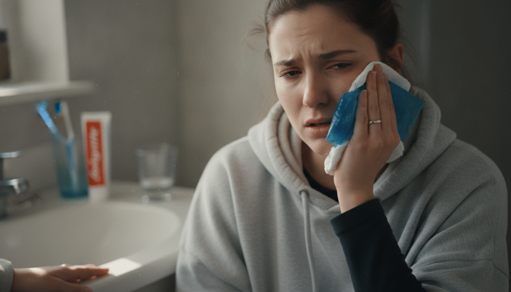 A close-up view of a person in casual, modest clothing, gently holding their cheek in distress due to tooth pain, emphasizing an expression of discomfort on their face. In the foreground, a hand holding a cold compress or ice pack against their cheek for relief. The middle background features a softly focused bathroom setting with a sink and dental hygiene products like toothpaste and a toothbrush, conveying a sense of urgency for self-care. Natural light streams in from a nearby window, illuminating the scene with a warm, gentle glow while casting soft shadows. The atmosphere is one of vulnerability mixed with hope, reflecting the moment of seeking relief from a toothache. A close-up view of a person in casual, modest clothing, gently holding their cheek in distress due to tooth pain, emphasizing an expression of discomfort on their face. In the foreground, a hand holding a cold compress or ice pack against their cheek for relief. The middle background features a softly focused bathroom setting with a sink and dental hygiene products like toothpaste and a toothbrush, conveying a sense of urgency for self-care. Natural light streams in from a nearby window, illuminating the scene with a warm, gentle glow while casting soft shadows. The atmosphere is one of vulnerability mixed with hope, reflecting the moment of seeking relief from a toothache.