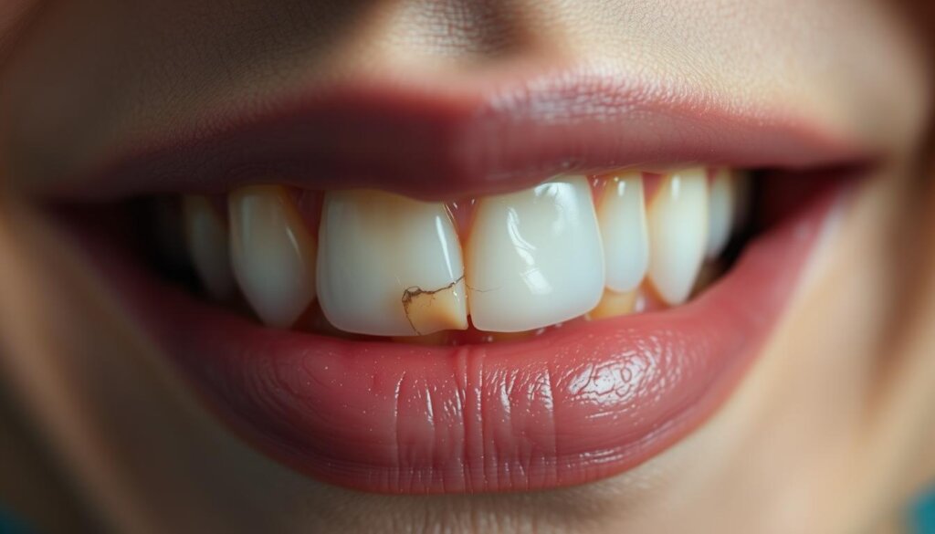 A close-up view of a person's front tooth, showcasing a small but noticeable chip or crack on the enamel. The tooth is illuminated by a soft, natural light that casts gentle shadows, highlighting the textural details. The image is sharply focused on the affected area, with the surrounding teeth and gums slightly blurred to draw the viewer's attention to the chipped tooth. The mood is one of clinical examination, with a sense of concern and the need for professional treatment. The overall composition conveys the importance of addressing even minor dental issues.
