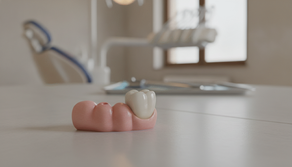 A close-up view of a realistic fake denture designed for a single missing tooth, prominently displayed on a clean, light-colored surface. The denture should exhibit fine details like the texture of the gum line and the sheen of the ceramic tooth. In the background, a blurred dental office scene with soft, neutral lighting creates a professional atmosphere, subtly hinting at dental care without being the focal point. The angle is slightly tilted to show the denture's side and front features, emphasizing its natural appearance. A warm, clinical ambiance evokes feelings of trust and professionalism, suitable for a discussion on dental aesthetics. No human subjects are present, ensuring a clean and focused image. A close-up view of a realistic fake denture designed for a single missing tooth, prominently displayed on a clean, light-colored surface. The denture should exhibit fine details like the texture of the gum line and the sheen of the ceramic tooth. In the background, a blurred dental office scene with soft, neutral lighting creates a professional atmosphere, subtly hinting at dental care without being the focal point. The angle is slightly tilted to show the denture's side and front features, emphasizing its natural appearance. A warm, clinical ambiance evokes feelings of trust and professionalism, suitable for a discussion on dental aesthetics. No human subjects are present, ensuring a clean and focused image.