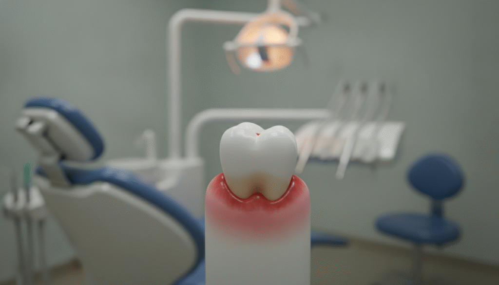 A close-up view of a throbbing tooth, showcasing its distressed appearance, with visible signs of inflammation and redness around the gum line. The tooth should appear slightly enlarged to emphasize its throbbing nature, illuminated by soft, diffused lighting to create a clinical yet sympathetic atmosphere. In the background, a subtle, blurred dental office setting can be seen, with dental tools and a patient chair softly illuminated, adding context. The overall tone should convey a sense of urgency and concern, focusing on the tooth's pain without being overly graphic. The angle should be slightly tilted to enhance the dramatic effect of this dental discomfort, ideal for educational purposes. A close-up view of a throbbing tooth, showcasing its distressed appearance, with visible signs of inflammation and redness around the gum line. The tooth should appear slightly enlarged to emphasize its throbbing nature, illuminated by soft, diffused lighting to create a clinical yet sympathetic atmosphere. In the background, a subtle, blurred dental office setting can be seen, with dental tools and a patient chair softly illuminated, adding context. The overall tone should convey a sense of urgency and concern, focusing on the tooth's pain without being overly graphic. The angle should be slightly tilted to enhance the dramatic effect of this dental discomfort, ideal for educational purposes.