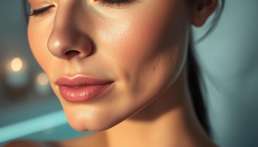 A close-up view of a woman's face, illuminated by soft, diffused lighting, revealing the delicate details of her skin. In the foreground, the face is the central focus, showcasing the intricate texture and tone of the epidermis. In the middle ground, a soothing, blurred background hints at a serene, spa-like environment, creating a sense of tranquility. The lighting is carefully balanced, casting gentle shadows that accentuate the contours of the face, highlighting the effects of the Ultherapy procedure. The overall mood is one of refinement, relaxation, and the subtle, natural enhancement of the subject's natural beauty.