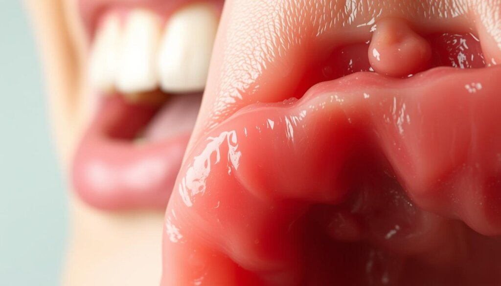 A close-up view of gums inflamed and irritated, with visible signs of gum disease. The foreground showcases the reddened, swollen gum tissue, with a hint of plaque buildup along the gumline. The middle ground depicts the gradual recession of healthy gum tissue, exposing the vulnerable tooth roots. In the background, a blurred representation of a healthy, vibrant smile contrasts with the deteriorating state of the diseased gums, conveying the impact of neglecting oral hygiene. The lighting is soft, casting subtle shadows that accentuate the textural details of the afflicted gums. The overall mood is one of concern, highlighting the need for proactive dental care to prevent the adverse consequences of gum disease.