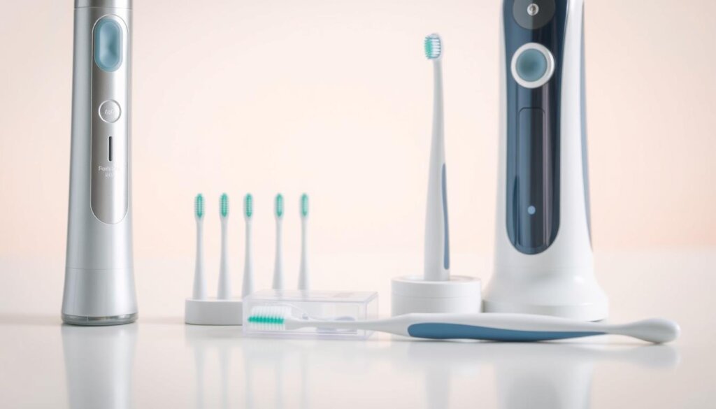 A close-up view of various dental cleaning devices arranged on a clean, white surface. In the foreground, an electric toothbrush and a water flosser stand upright, their sleek, modern designs showcasing their functionality. In the middle ground, a set of interdental brushes and a manual toothbrush lie alongside a small container of dental floss, highlighting the range of tools available for maintaining oral hygiene. The background is softly lit, creating a clinical yet inviting atmosphere, emphasizing the importance of these devices in maintaining dental health between professional cleanings.