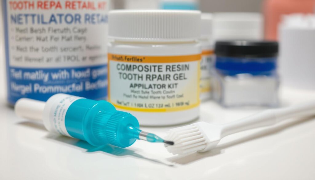 A close-up view of various tooth repair materials and tools, including dental composite resin, etching gel, and an applicator brush, arranged neatly on a clean, white surface. The scene is brightly lit, with soft, even lighting highlighting the textures and colors of the materials. The focus is sharp, and the depth of field is shallow, directing the viewer's attention to the details of the products. The overall mood is clinical, professional, and informative, conveying the proper usage of tooth repair kits.