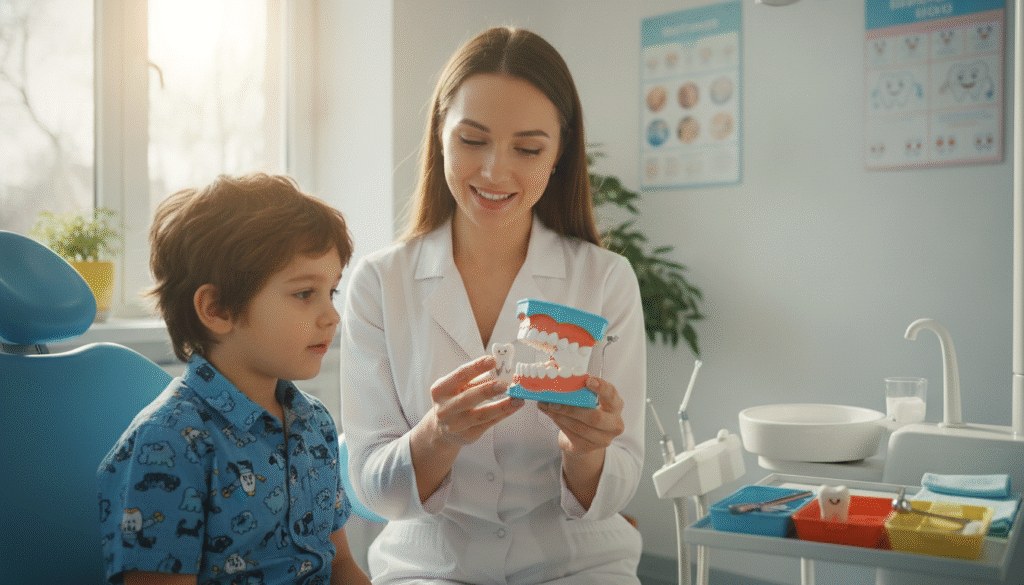 A concerned yet gentle dental clinic scene featuring a pediatric dentist and a child, around eight years old, sitting in a bright, welcoming examination room. In the foreground, the dentist, wearing a professional white coat and a friendly smile, is demonstrating a colorful, kid-friendly dental model showing a missing tooth and its replacement option. The child, with a curious expression, has short brown hair and is seated comfortably in a dental chair, wearing a bright patterned shirt. In the middle ground, bright posters about dental health adorn the walls, alongside dental tools neatly arranged on a nearby counter. Soft, natural light filters through a window, creating a warm atmosphere. The mood is encouraging and educational, aimed at reassuring both children and parents about tooth replacement options. A concerned yet gentle dental clinic scene featuring a pediatric dentist and a child, around eight years old, sitting in a bright, welcoming examination room. In the foreground, the dentist, wearing a professional white coat and a friendly smile, is demonstrating a colorful, kid-friendly dental model showing a missing tooth and its replacement option. The child, with a curious expression, has short brown hair and is seated comfortably in a dental chair, wearing a bright patterned shirt. In the middle ground, bright posters about dental health adorn the walls, alongside dental tools neatly arranged on a nearby counter. Soft, natural light filters through a window, creating a warm atmosphere. The mood is encouraging and educational, aimed at reassuring both children and parents about tooth replacement options.