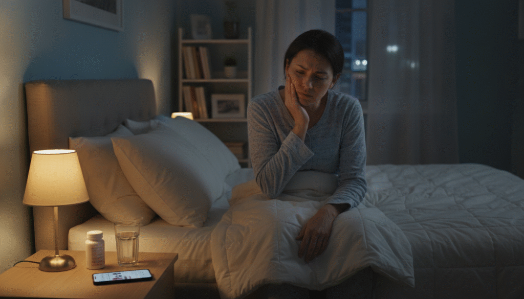 A cozy bedroom scene at night featuring a person with a pained expression, sitting up in bed with a hand gently pressed against their cheek, illustrating discomfort from tooth pain. In the foreground, a bedside table holds a small lamp casting a warm, soft glow that illuminates the scene, creating shadows that emphasize the person's worried expression. The middle layer shows the person in modest pajamas, beneath cozy blankets, showcasing a relatable, vulnerable moment. The background features a calm, dimly lit room with soothing colors, such as soft blues and grays, suggesting tranquility amidst discomfort. The overall mood is somber yet hopeful, invoking empathy and understanding, as the person contemplates methods of relief for their tooth pain. A cozy bedroom scene at night featuring a person with a pained expression, sitting up in bed with a hand gently pressed against their cheek, illustrating discomfort from tooth pain. In the foreground, a bedside table holds a small lamp casting a warm, soft glow that illuminates the scene, creating shadows that emphasize the person's worried expression. The middle layer shows the person in modest pajamas, beneath cozy blankets, showcasing a relatable, vulnerable moment. The background features a calm, dimly lit room with soothing colors, such as soft blues and grays, suggesting tranquility amidst discomfort. The overall mood is somber yet hopeful, invoking empathy and understanding, as the person contemplates methods of relief for their tooth pain.