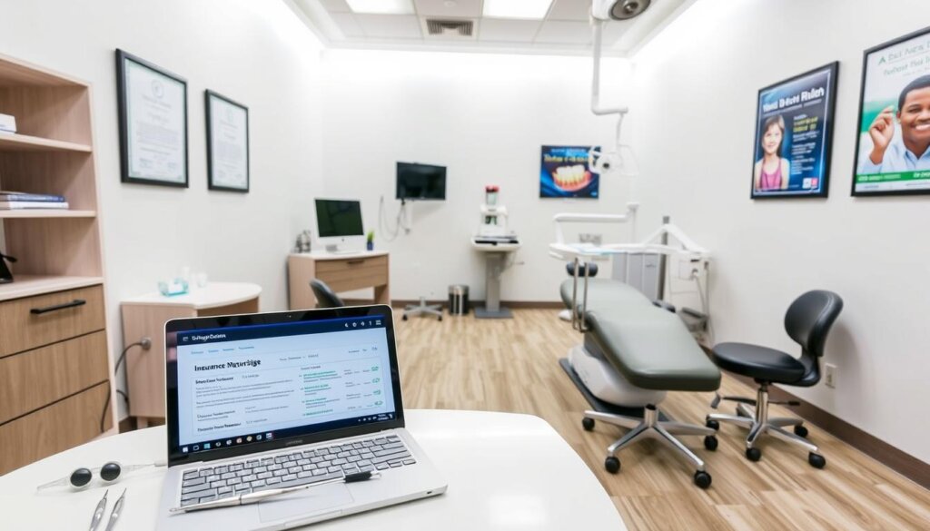 A crisp, clean medical office interior with modern furnishings and bright lighting. In the foreground, a dentist's desk displaying various dental tools and an open laptop showcasing insurance coverage details. Across the room, a patient chair and equipment, conveying the setting of a dental procedure. The walls are adorned with professional certifications and dental health posters, establishing a reassuring, trustworthy atmosphere. The overall scene suggests a comprehensive, well-equipped dental practice that prioritizes patient care and insurance support for broken tooth treatments.