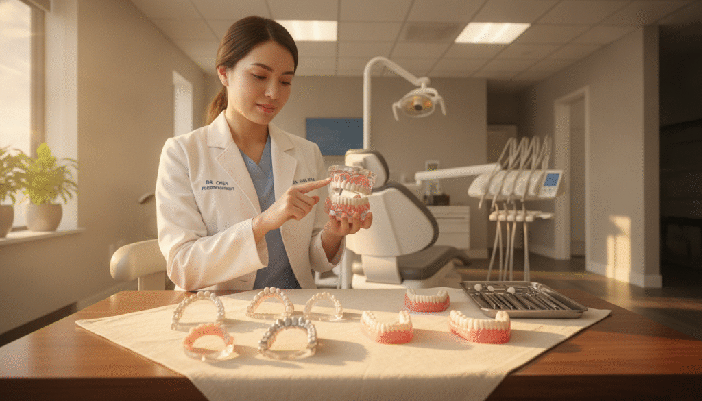 A dental clinic interior showcasing alternative tooth replacement options. In the foreground, a display table elegantly decorated with various dental prosthetics, such as bridges and dentures, placed on a light-colored cloth. The middle ground features a friendly dental professional in a white coat, examining a dental model, portraying professionalism. The background includes a modern dental office with soft lighting and contemporary dental tools, creating a clean and welcoming atmosphere. Sunlight filters through a window, adding a warm glow to the scene. The image captures a sense of hope and comfort for patients seeking affordable dental solutions, highlighting the importance of alternative options. A dental clinic interior showcasing alternative tooth replacement options. In the foreground, a display table elegantly decorated with various dental prosthetics, such as bridges and dentures, placed on a light-colored cloth. The middle ground features a friendly dental professional in a white coat, examining a dental model, portraying professionalism. The background includes a modern dental office with soft lighting and contemporary dental tools, creating a clean and welcoming atmosphere. Sunlight filters through a window, adding a warm glow to the scene. The image captures a sense of hope and comfort for patients seeking affordable dental solutions, highlighting the importance of alternative options.
