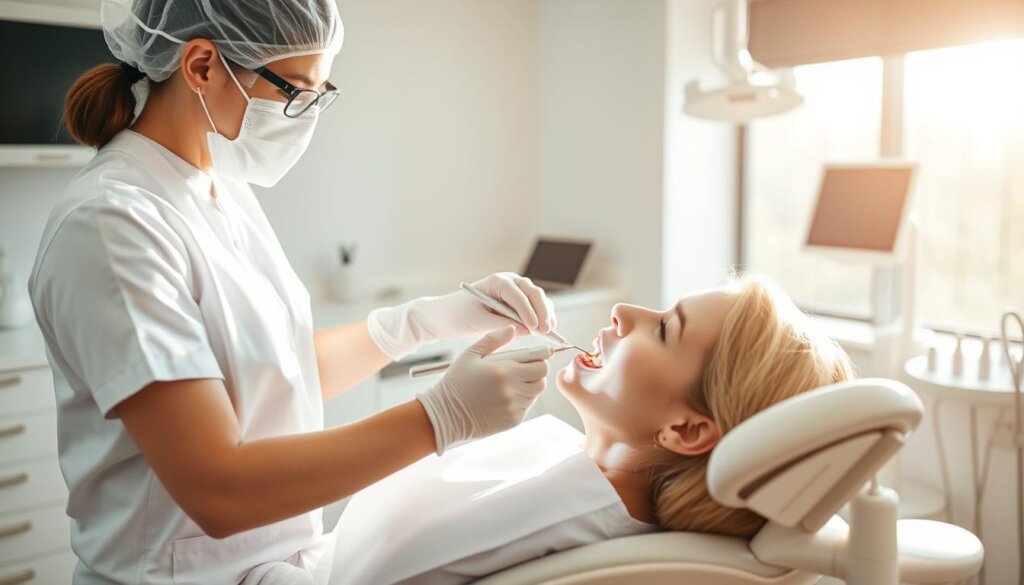 A dental hygienist, dressed in crisp white uniform and protective gear, meticulously cleans a patient's teeth with precision and care. Sunlight streams through the window, casting a warm glow over the scene. The hygienist's movements are fluid and focused, as they utilize state-of-the-art dental tools to remove plaque and tartar, ensuring the patient's oral health. The patient, reclined comfortably in the dentist's chair, appears relaxed and trusting. The background is a clean, modern dental office, with sleek equipment and soothing decor, conveying a sense of professionalism and attention to detail.